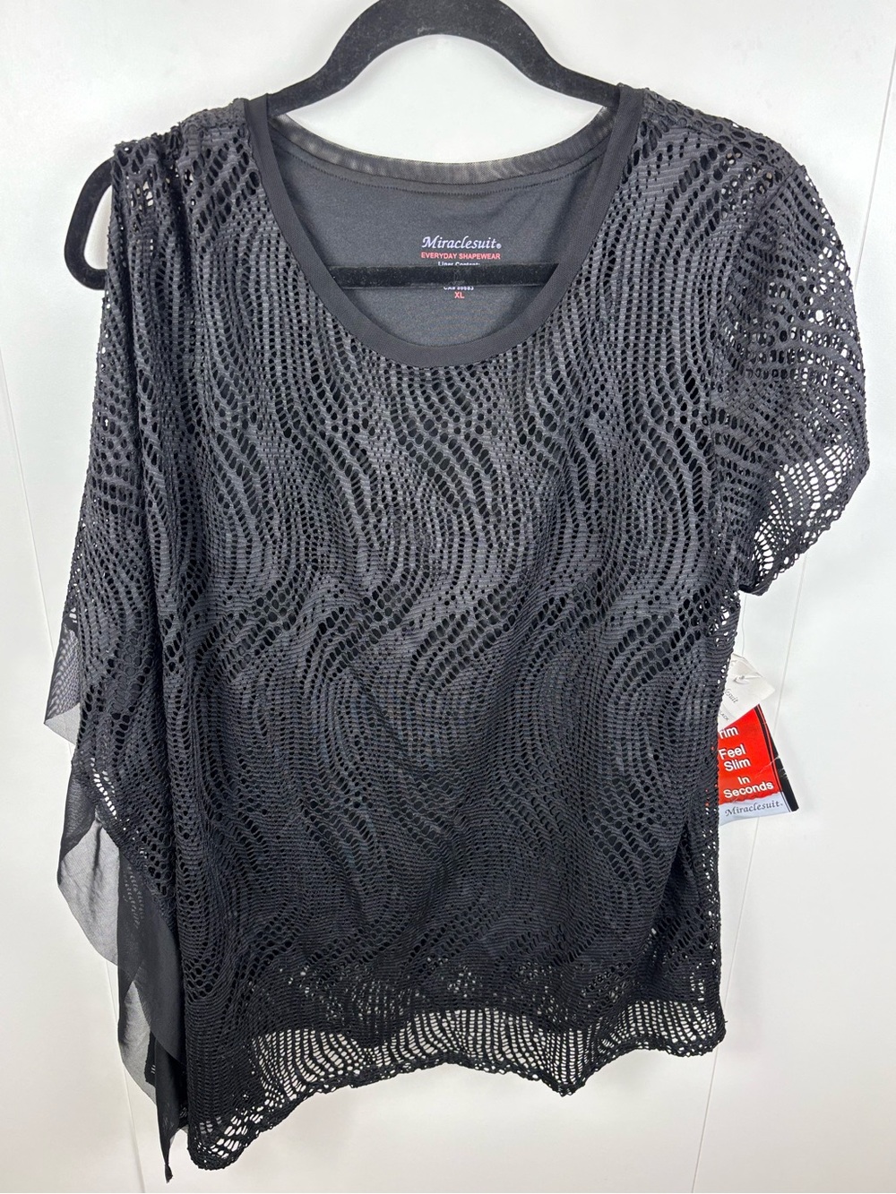 NWT Miraclesuit XL Shapewear Top Poncho Black Mesh Lace Asymmetrical Cover Up